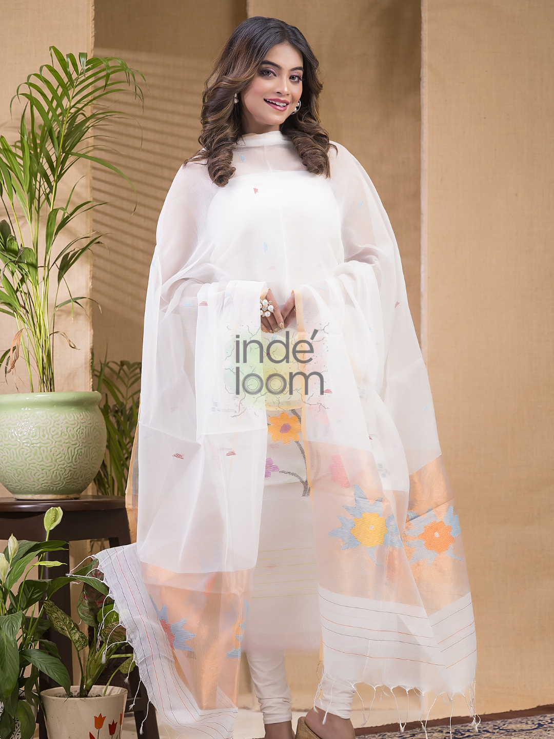 White Jamdani 2-Piece Set Kurti & Dupatta (UNSTITCHED) -669