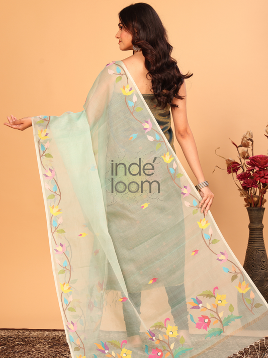 Pure Handloom Muslin Jamdani Dupatta With Light Teal  Green - 020
