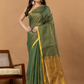 Pure Handloom Silk Tissue Linen Saree | Olive Green