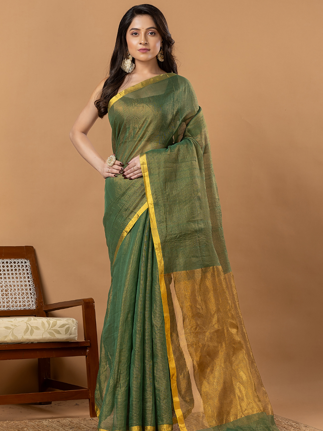 Pure Handloom Silk Tissue Linen Saree | Olive Green