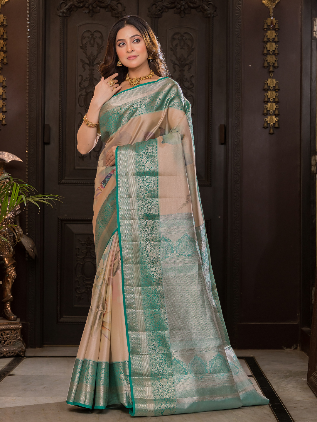 Sugandha - Light brown silk with stylised floral vines