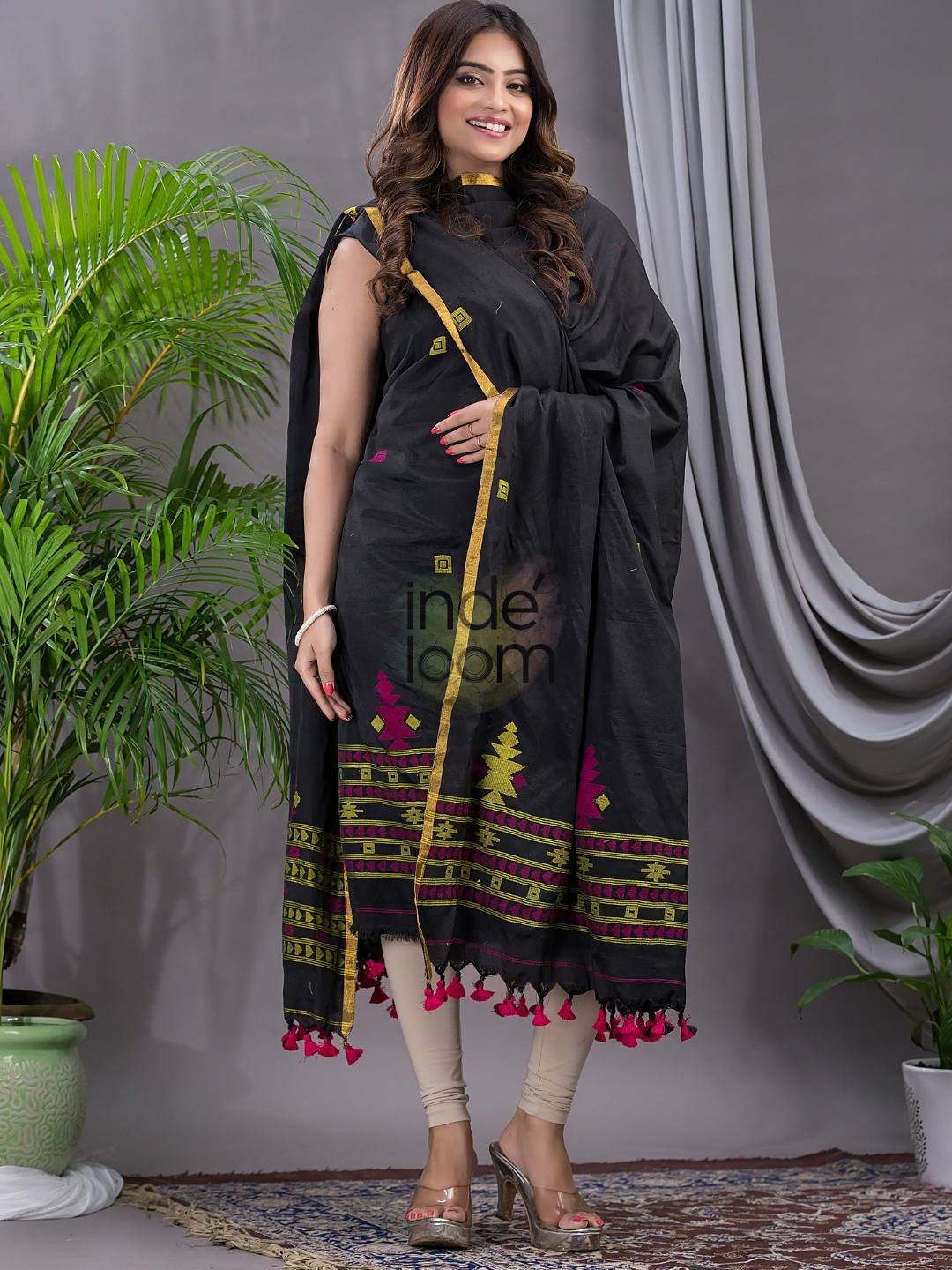 Coal Black Cotton Jamdani 2-Piece Set Kurti & Dupatta (UNSTITCHED) - 113
