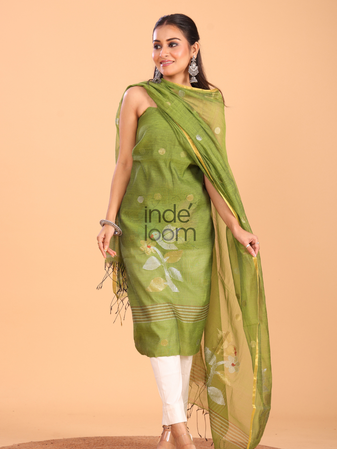 Apple Green Muslin Jamdani 2-Piece Set Kurti & Dupatta (UNSTITCHED) - 088