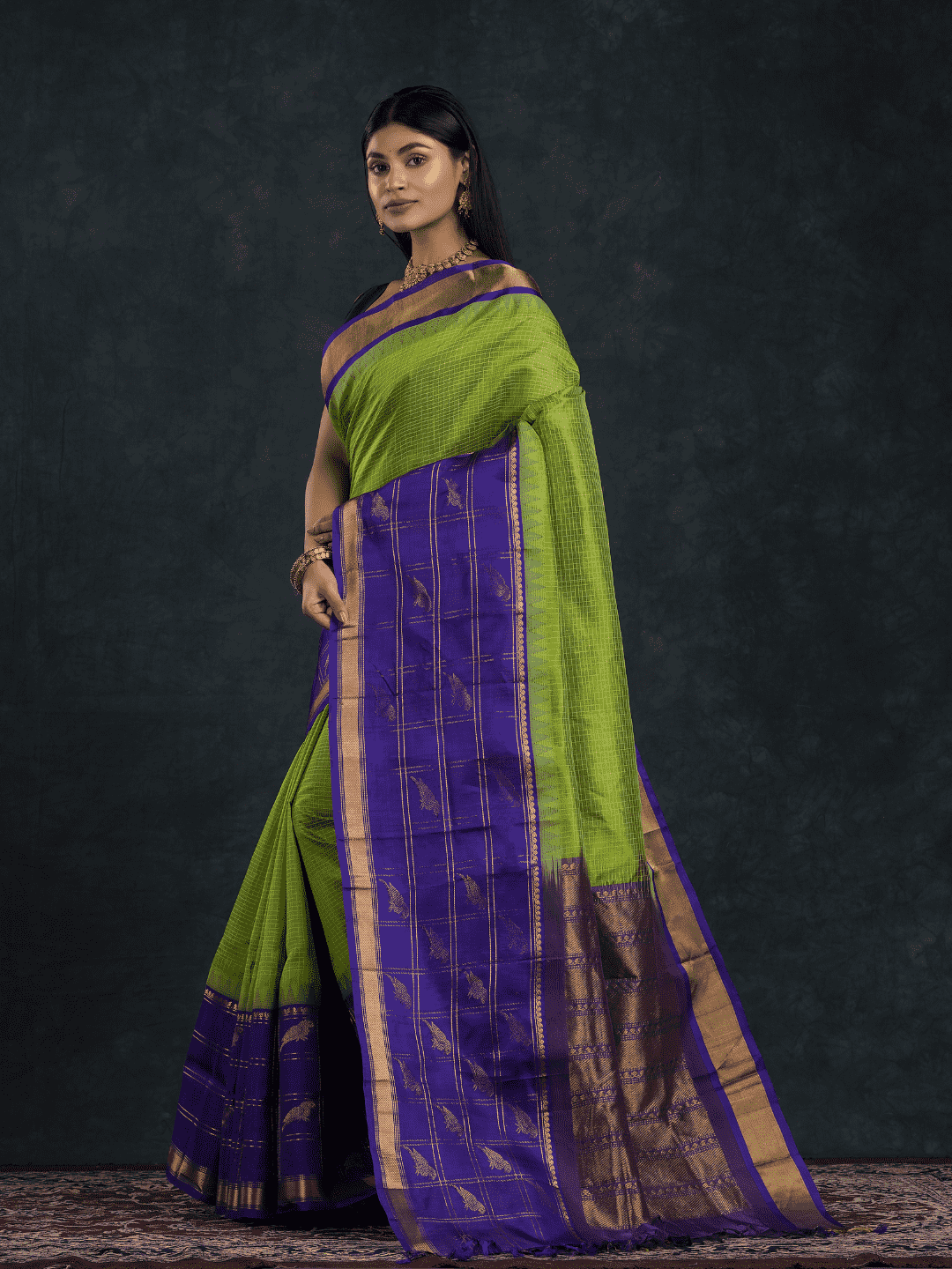 Pure Handloom Korvai Silk Cotton Saree in Parrot Buttas with Paithani Border - Lime Green with Blue border - 143