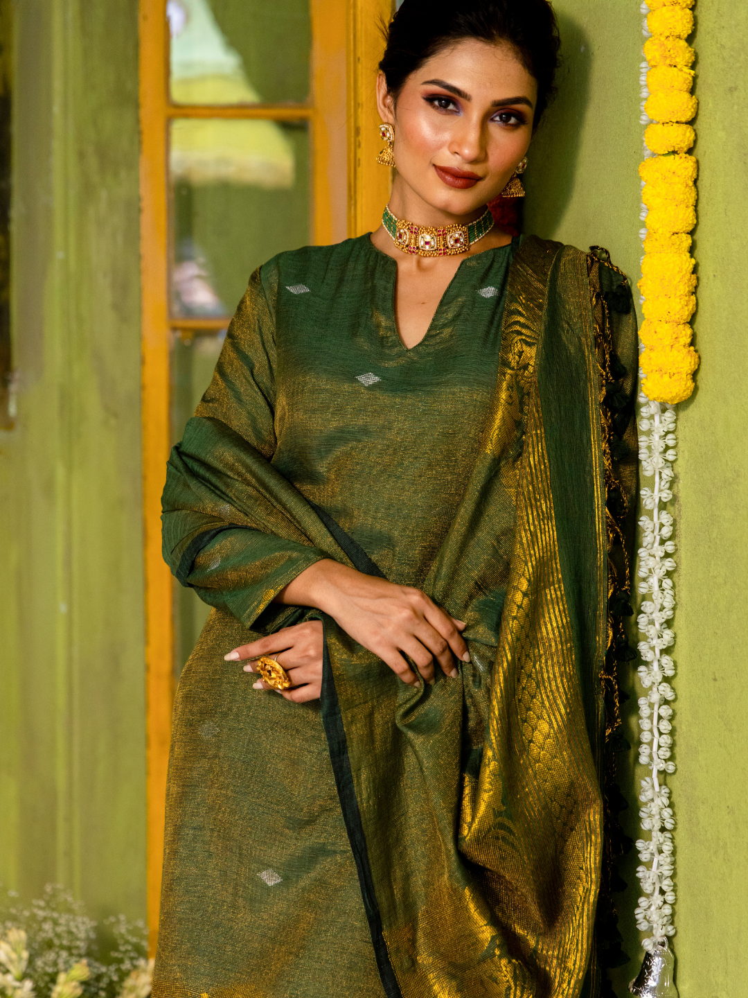 Forest Green Cotton Linen 2-Piece Set Kurti & Dupatta (UNSTITCHED) - 315