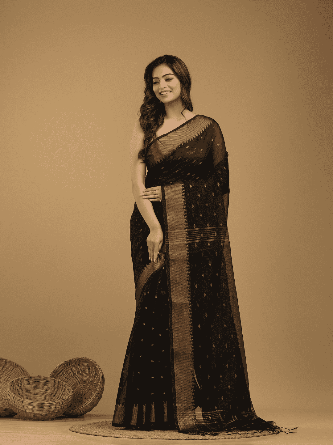 Coal Black Cotton Silk 1000 Butti Jamdani Saree - 034 - indeloom