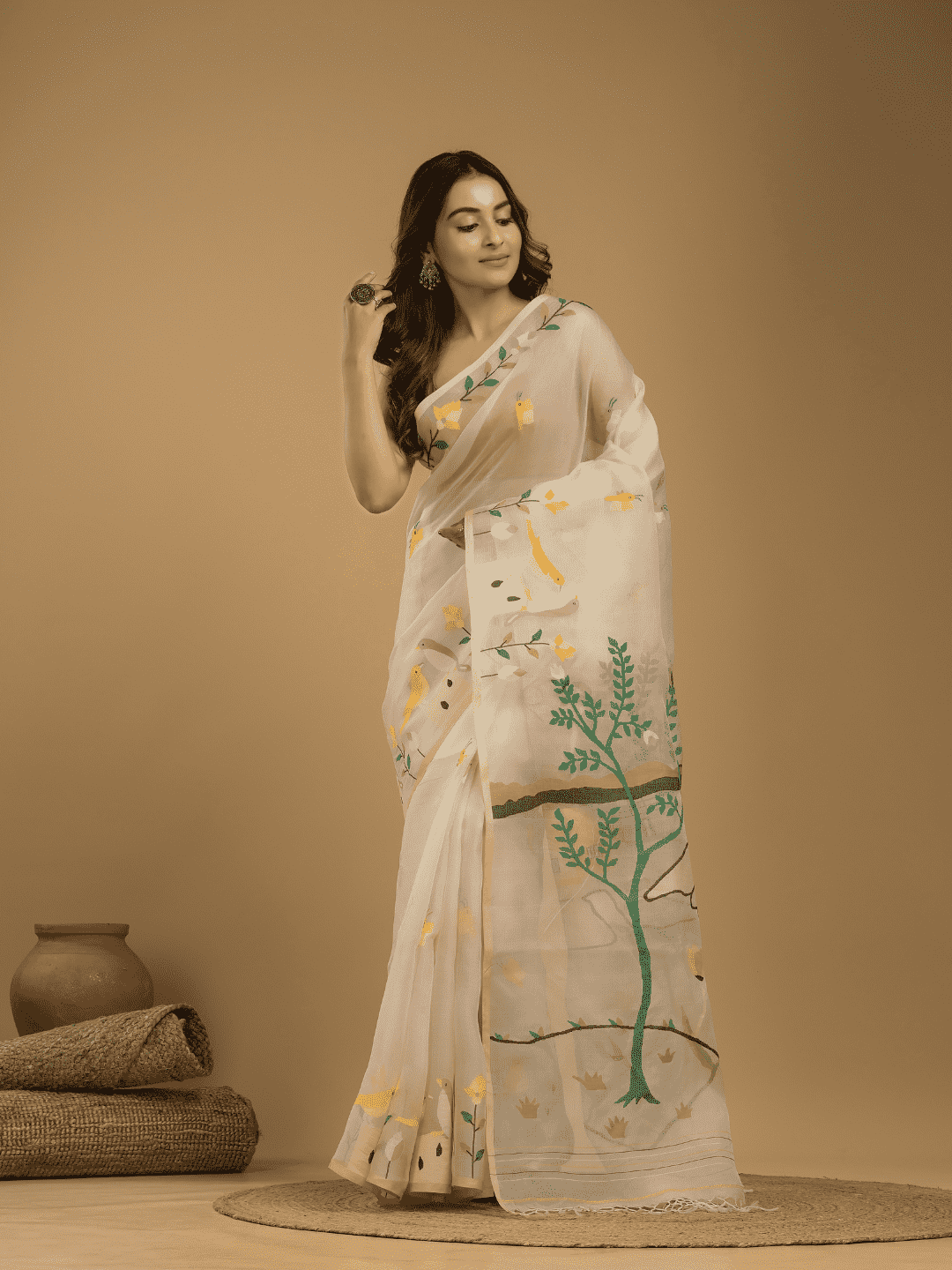 Hand Made Muslin Jamdani Saree With Linen White - 014