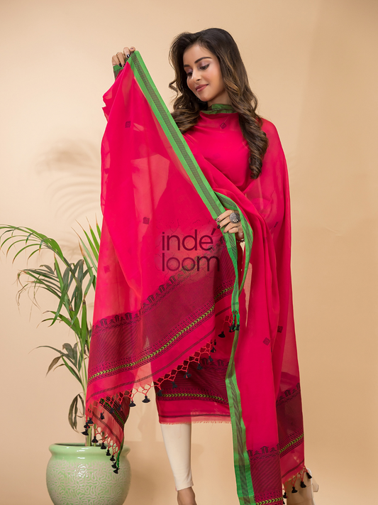 Cherry Red Mercerized Cotton 2-Piece Set Kurti & Dupatta (UNSTITCHED) - 126
