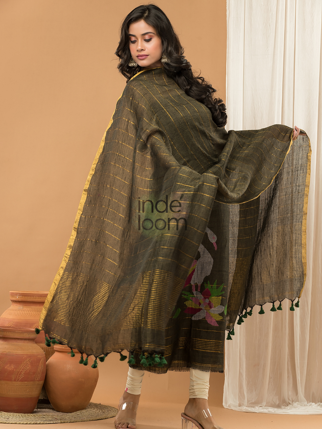 Linen Jamdani Unstitched 2-Piece Kurti  |  Parrot Green