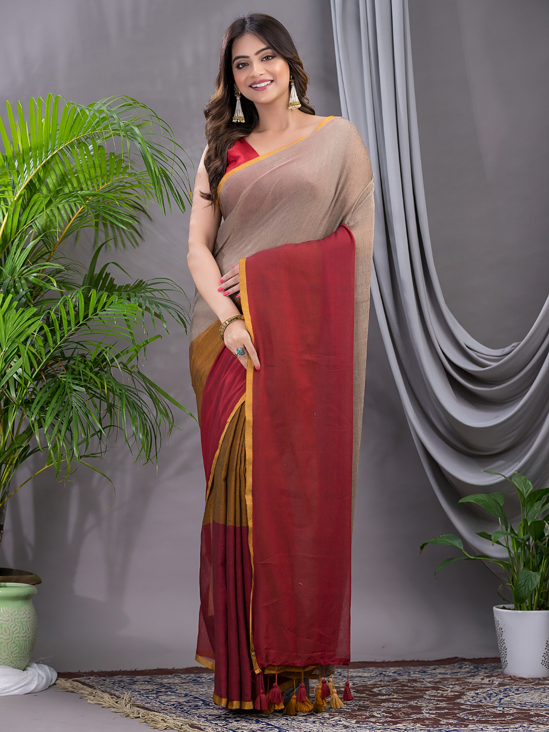 Tissue Silk Saree With Beige And Maroon - 017