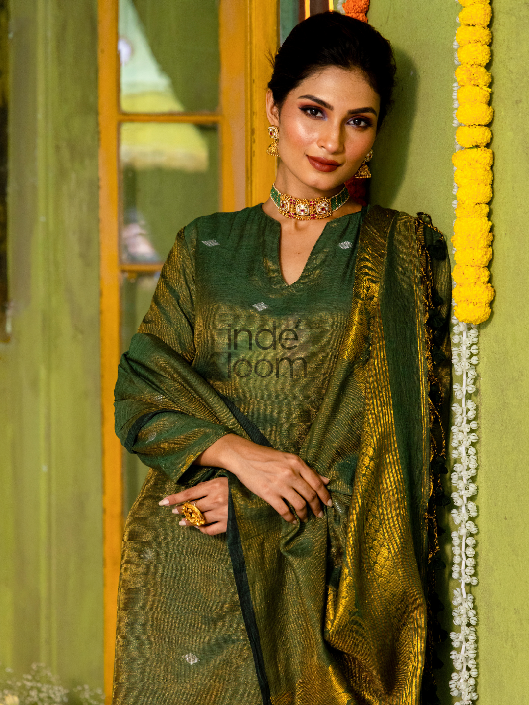 Forest Green Cotton Linen 2-Piece Set Kurti & Dupatta (UNSTITCHED) - 315