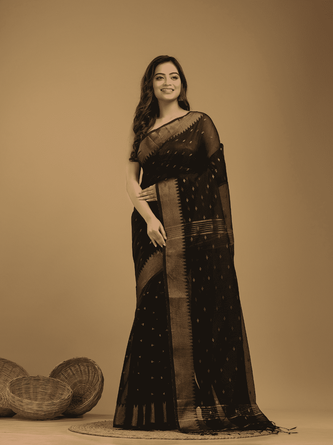 Coal Black Cotton Silk 1000 Butti Jamdani Saree - 034 - indeloom