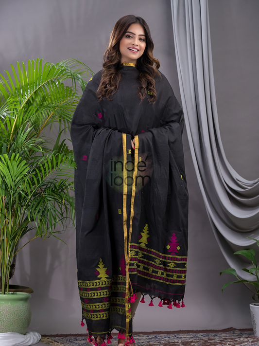 Coal Black Cotton Jamdani 2-Piece Set Kurti & Dupatta (UNSTITCHED) - 113