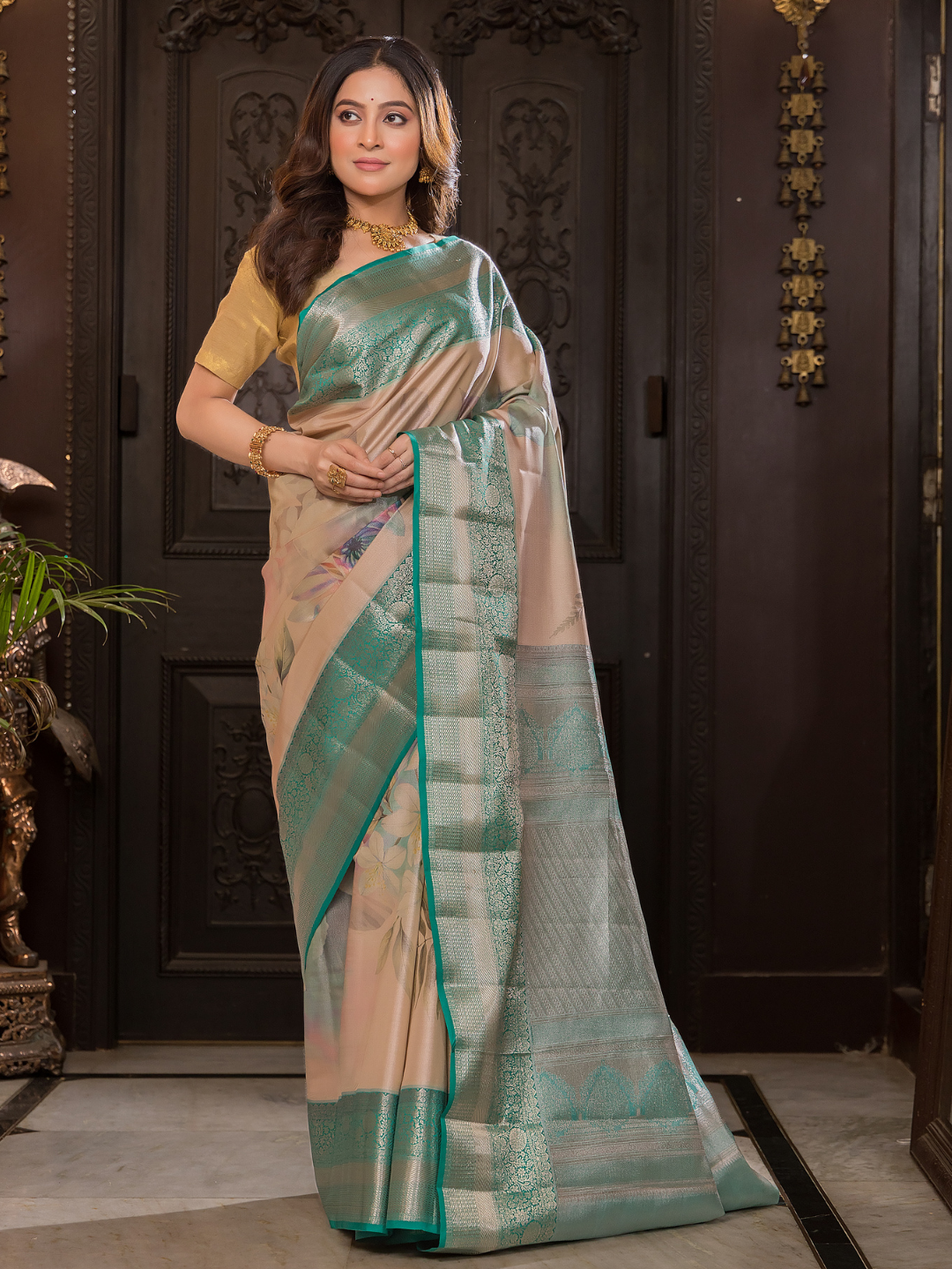 Sugandha - Light brown silk with stylised floral vines