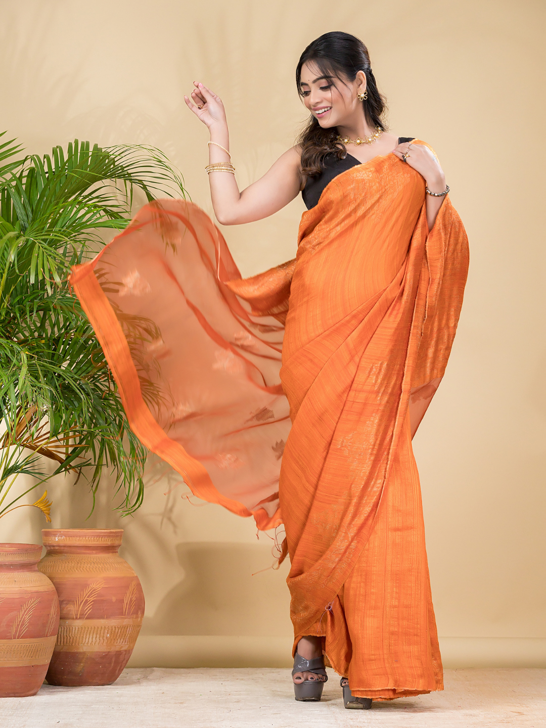 Matka Silk Jamdani Saree With Neon Orange - 025