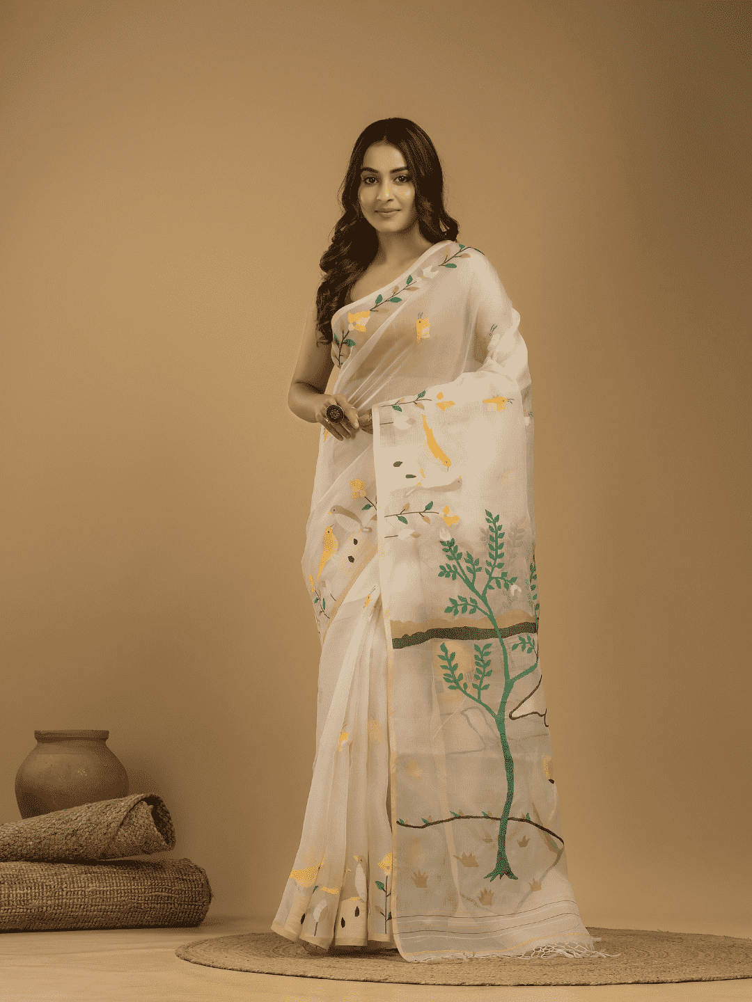 Hand Made Muslin Jamdani Saree With Linen White - 014