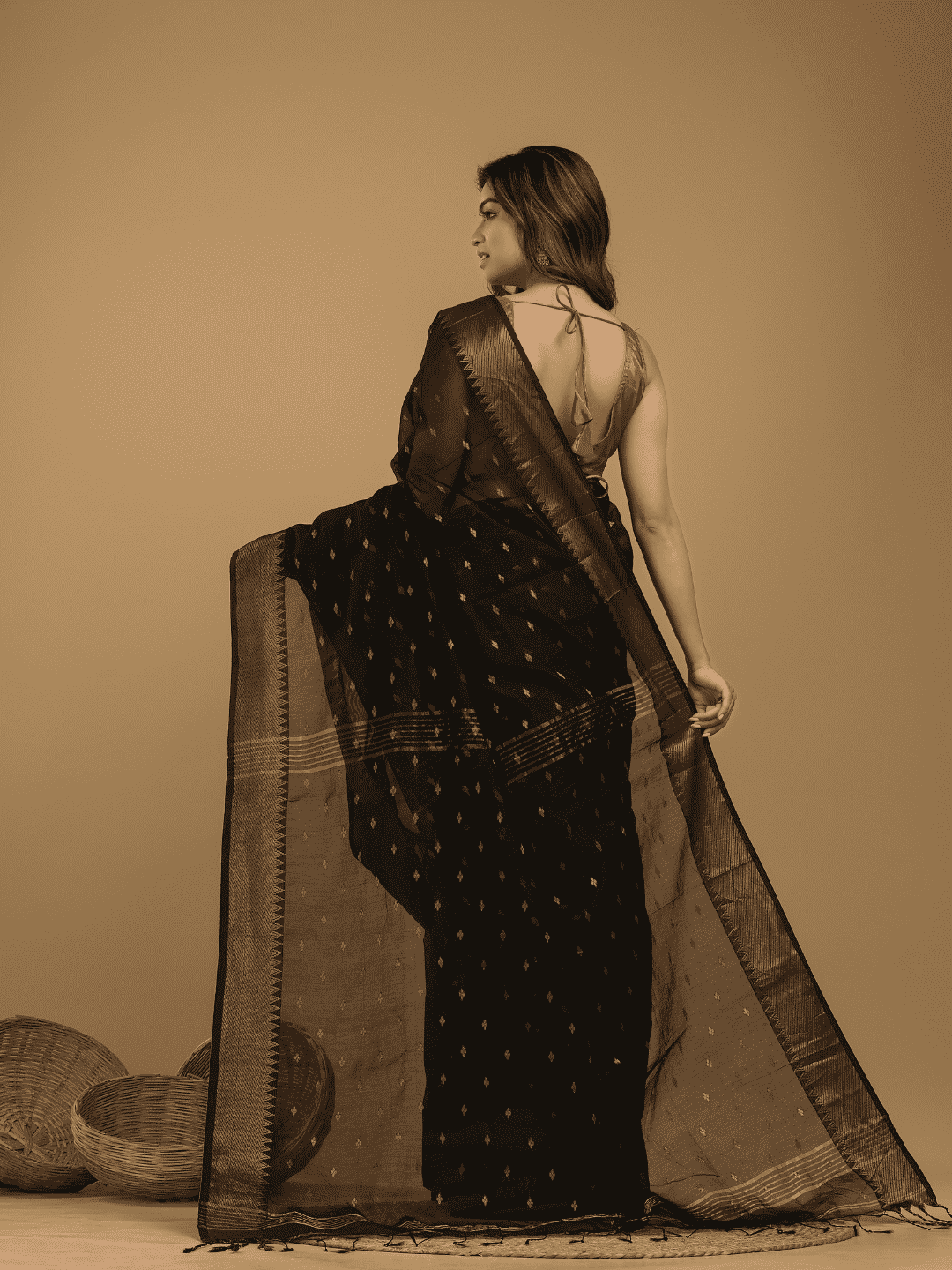 Coal Black Cotton Silk 1000 Butti Jamdani Saree - 034 - indeloom