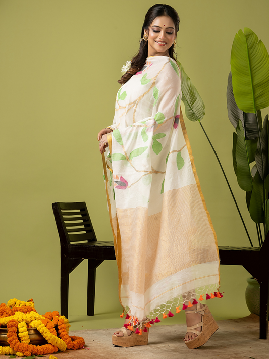 Handwoven Jamdani Linen Unstitched 2-piece Kurti  |  Cream White  and White  | All-over Buttas with Floral border