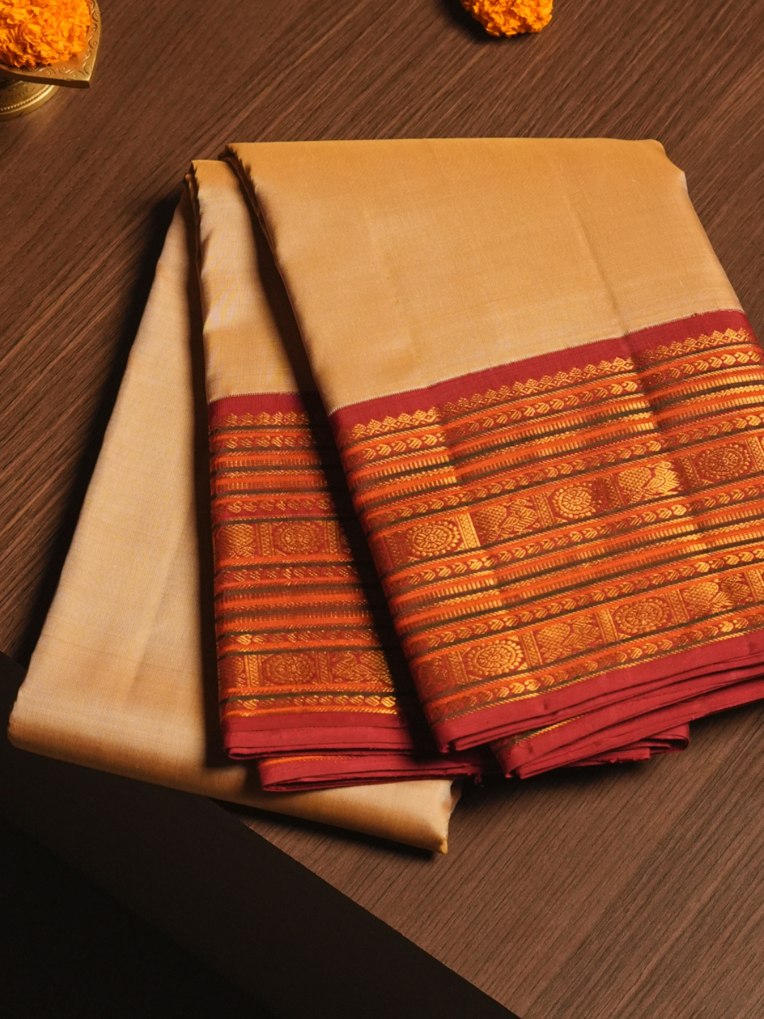 Silk Mark Certified Handloom Kanjivaram Silk Saree  |  Fire Orange