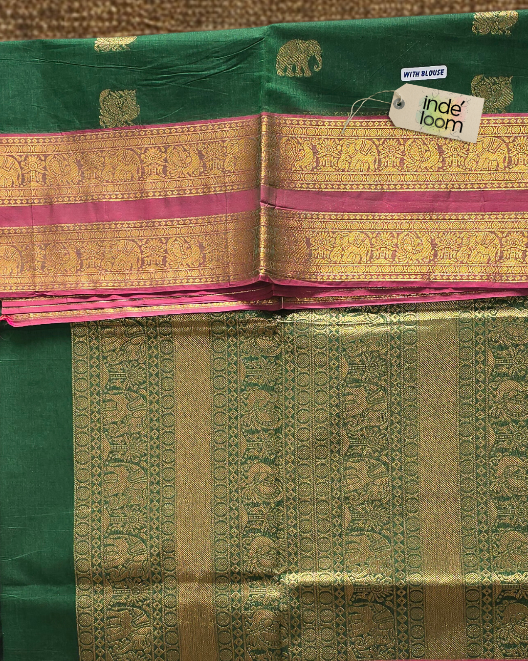 Kanchi Cotton|Dark Green & Pastel Pink