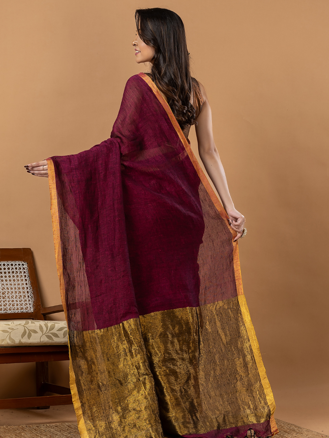 Pure Handloom Silk Tissue Linen Saree | Deep Wine