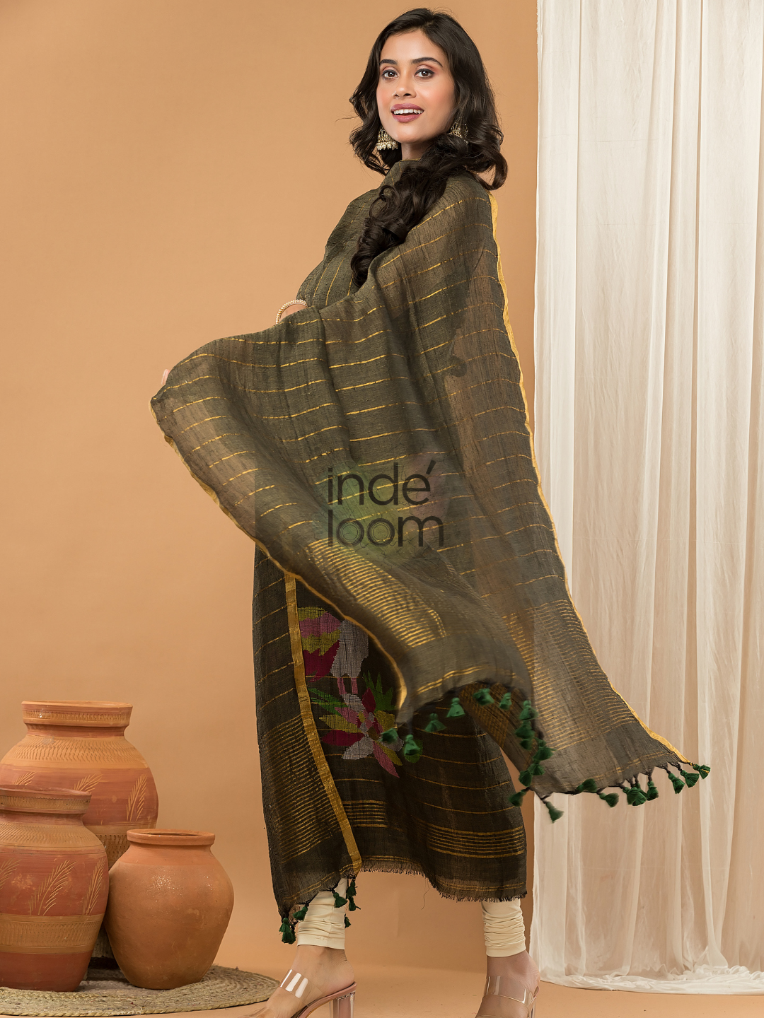 Linen Jamdani Unstitched 2-Piece Kurti  |  Parrot Green