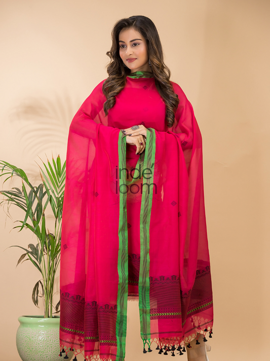 Cherry Red Mercerized Cotton 2-Piece Set Kurti & Dupatta (UNSTITCHED) - 126