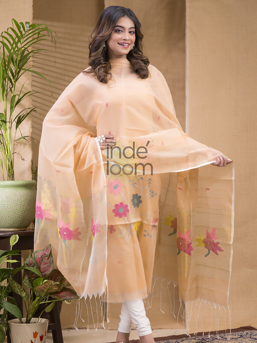 Melon Orange  Jamdani 2-Piece Set Kurti & Dupatta (UNSTITCHED) -668