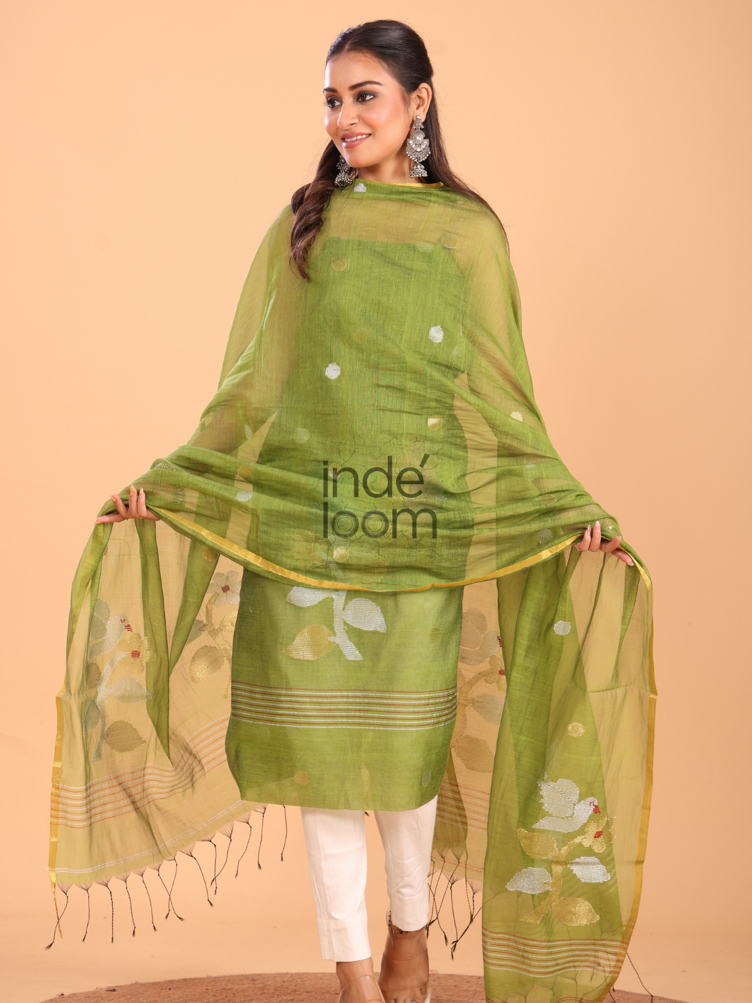 Apple Green Muslin Jamdani 2-Piece Set Kurti & Dupatta (UNSTITCHED) - 088