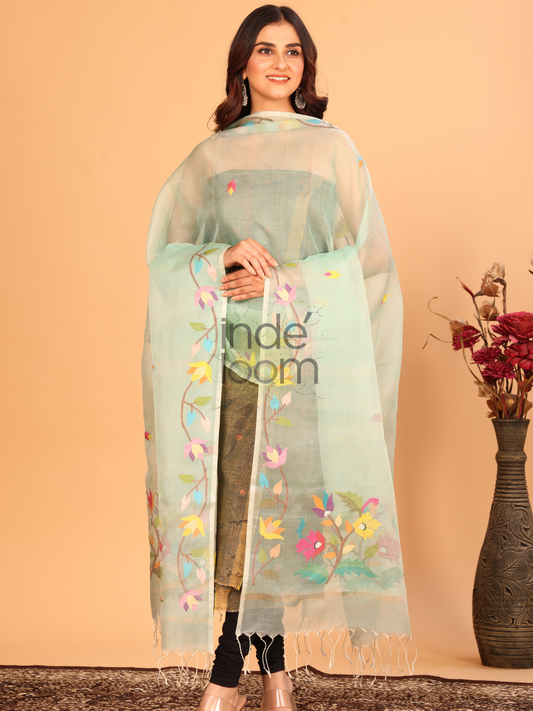 Pure Handloom Muslin Jamdani Dupatta With Light Teal  Green - 020