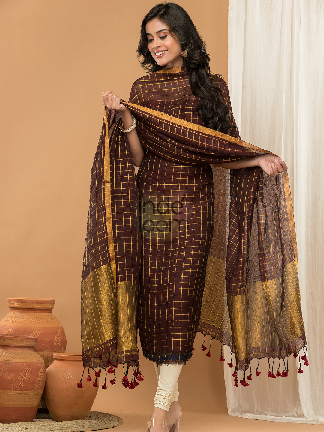 Brownish Gold color Jamdani 2-Piece Set Kurti & Dupatta (UNSTITCHED) - 150