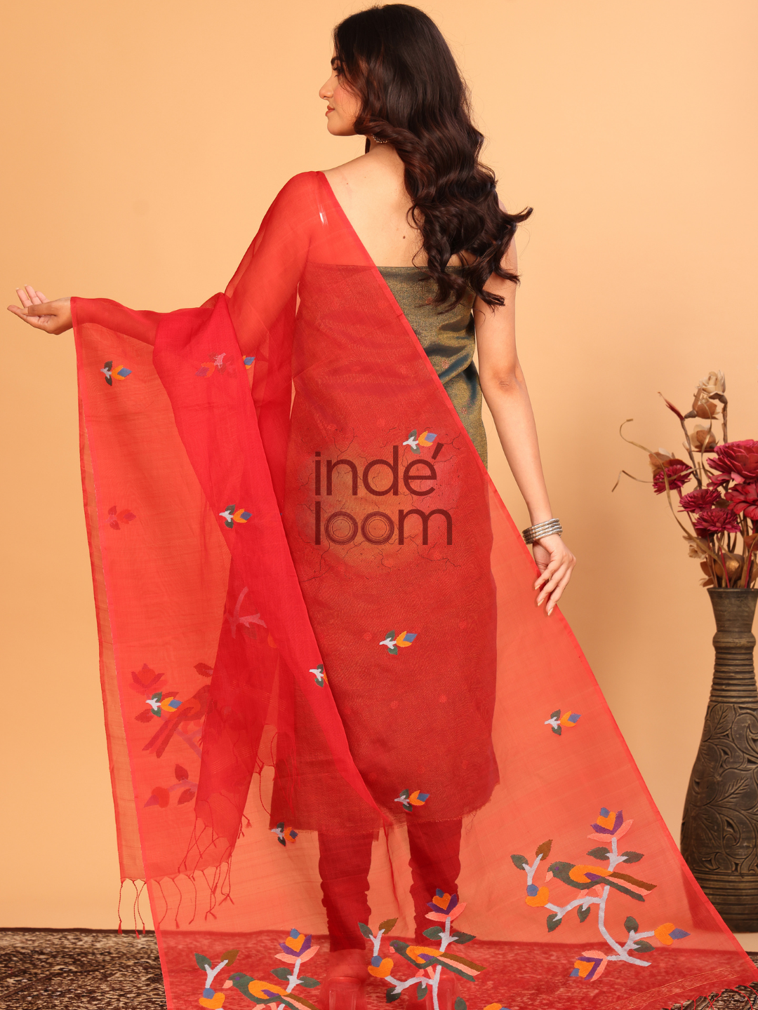 Pure Handloom Muslin Jamdani Dupatta With Ruby Red - 021