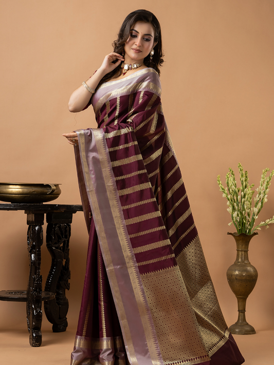 Classic Benarasi Katan Semi Silk Saree | Deep Brown Purple