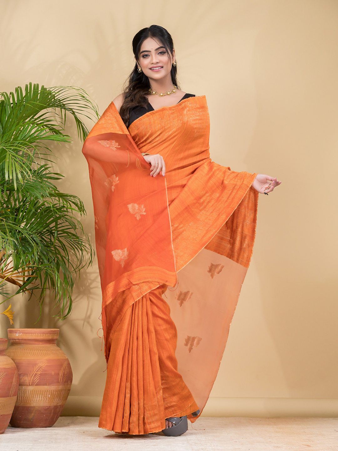Matka Silk Jamdani Saree With Neon Orange - 025