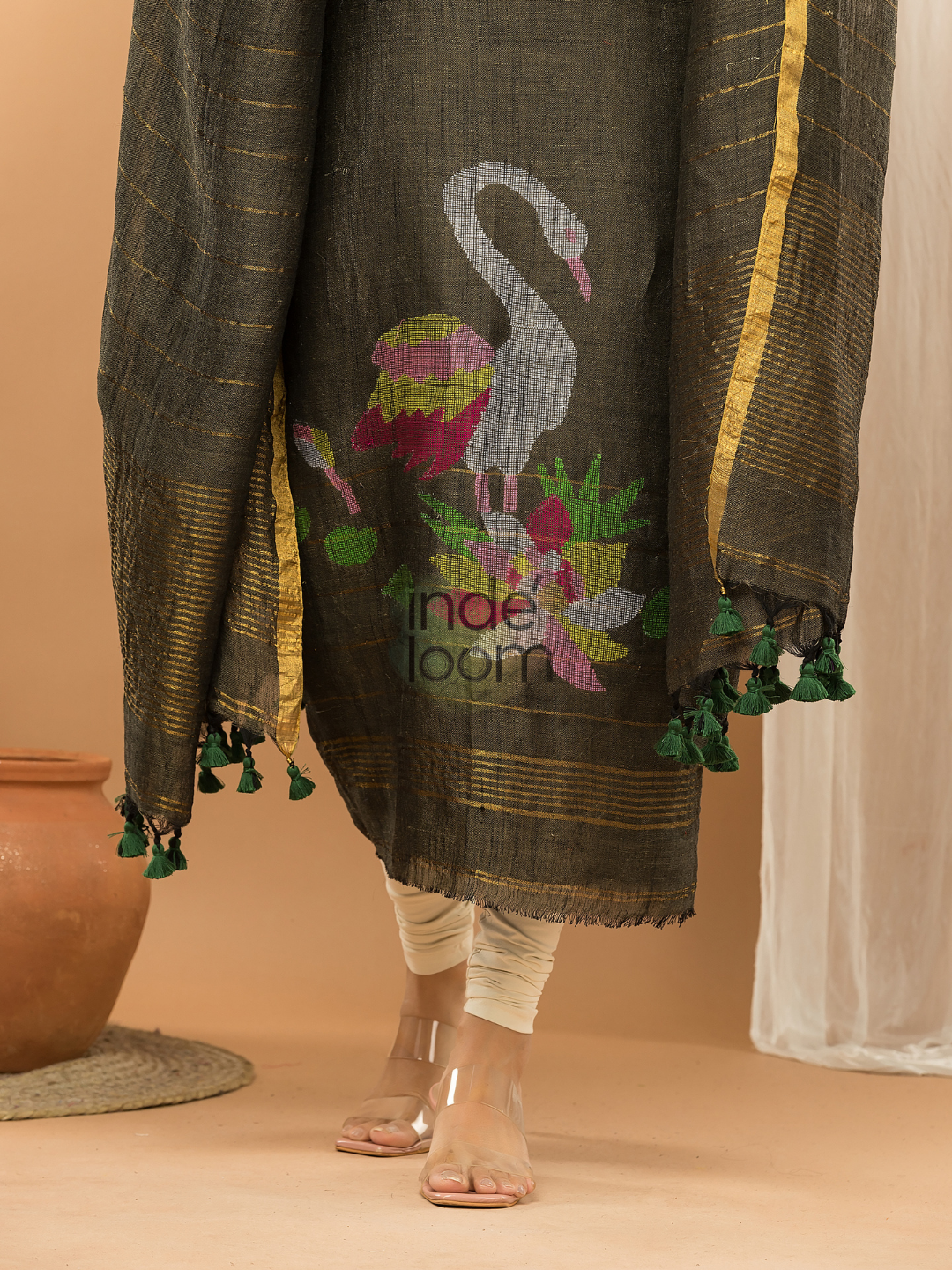 Linen Jamdani Unstitched 2-Piece Kurti  |  Parrot Green