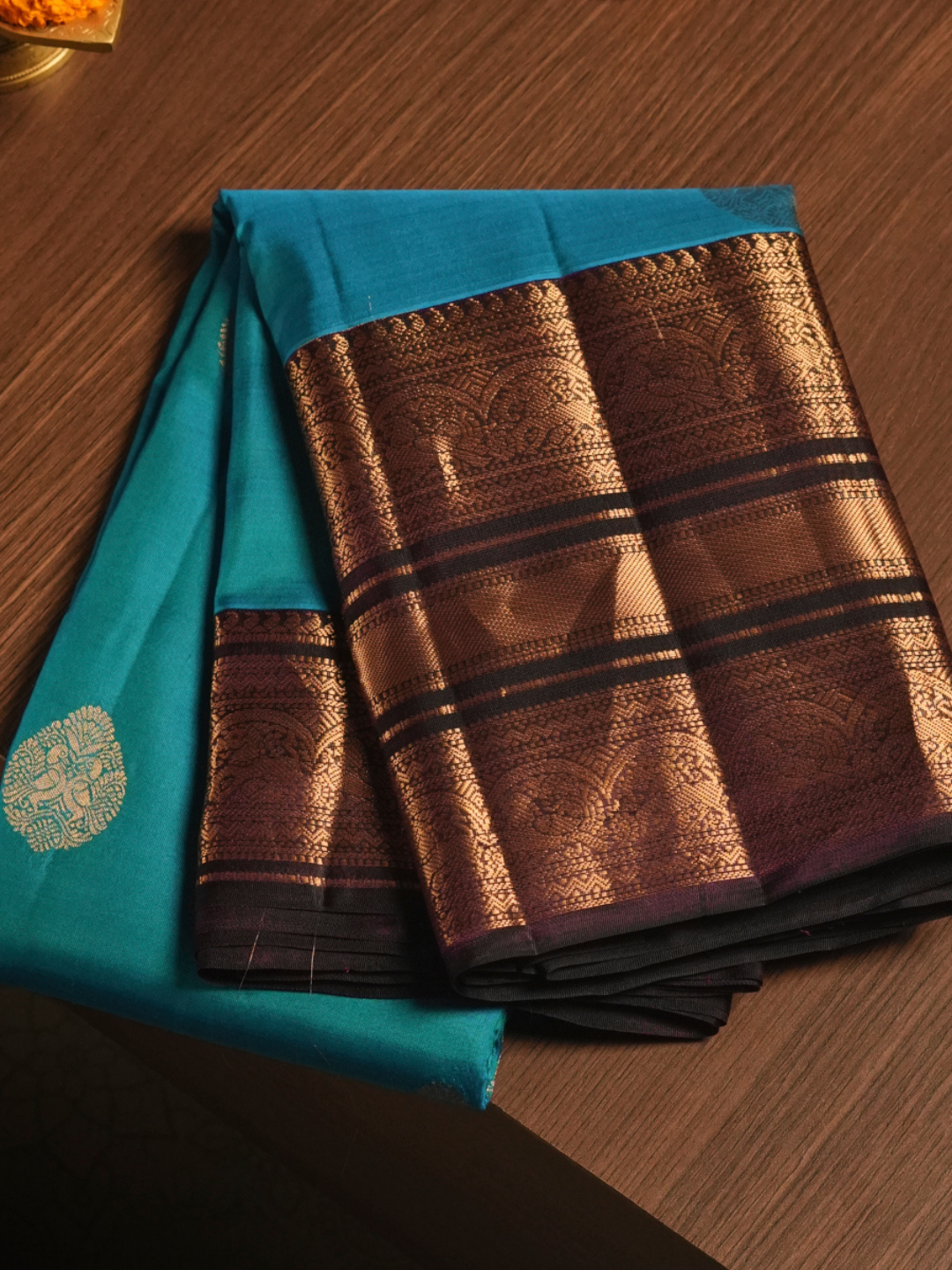 Silk Mark Certified Handloom Kanjivaram Silk Saree  |  Cyan Teal