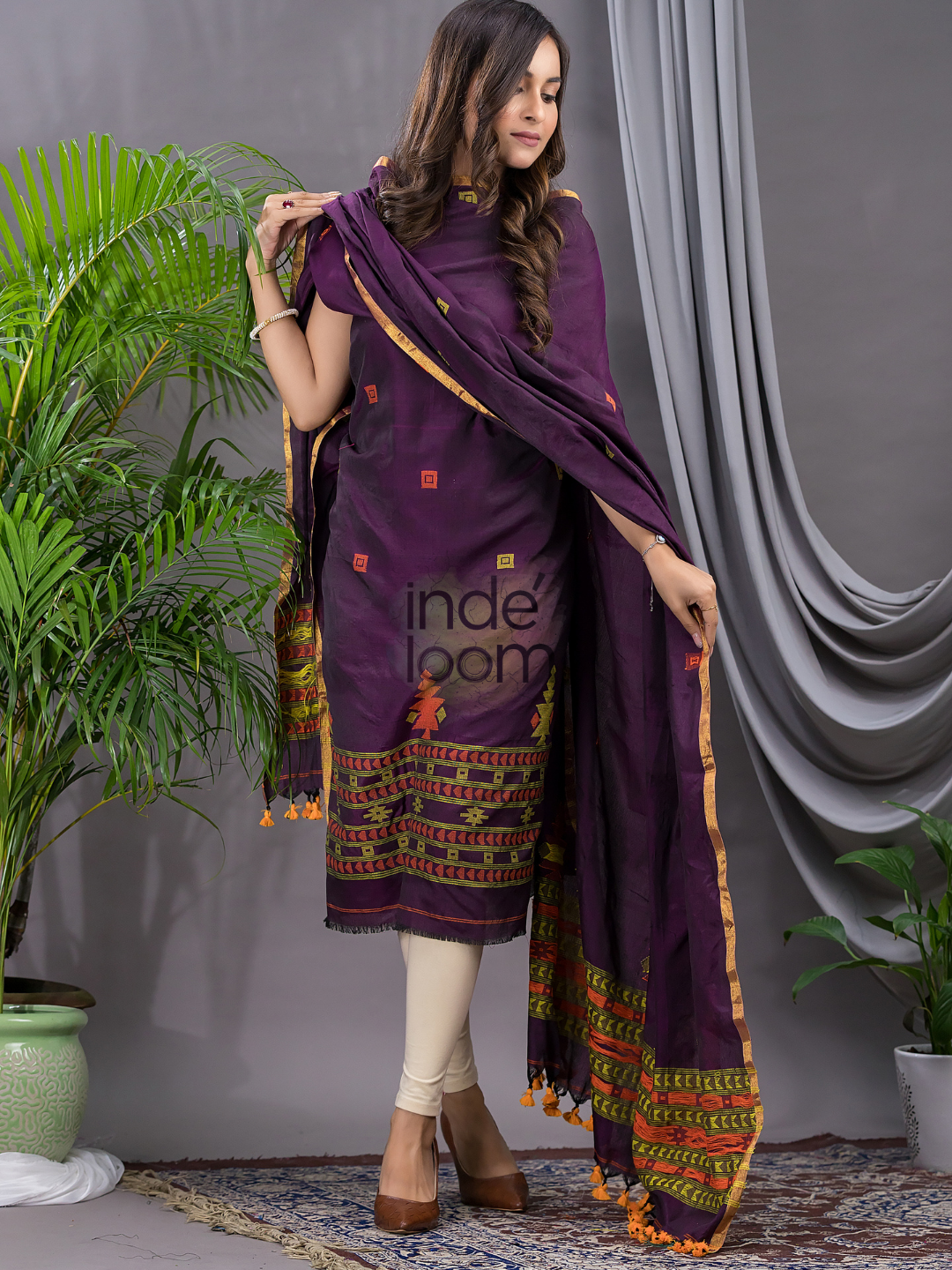 Wine Purple Cotton Jamdani 2-Piece Set Kurti & Dupatta (UNSTITCHED) - 114