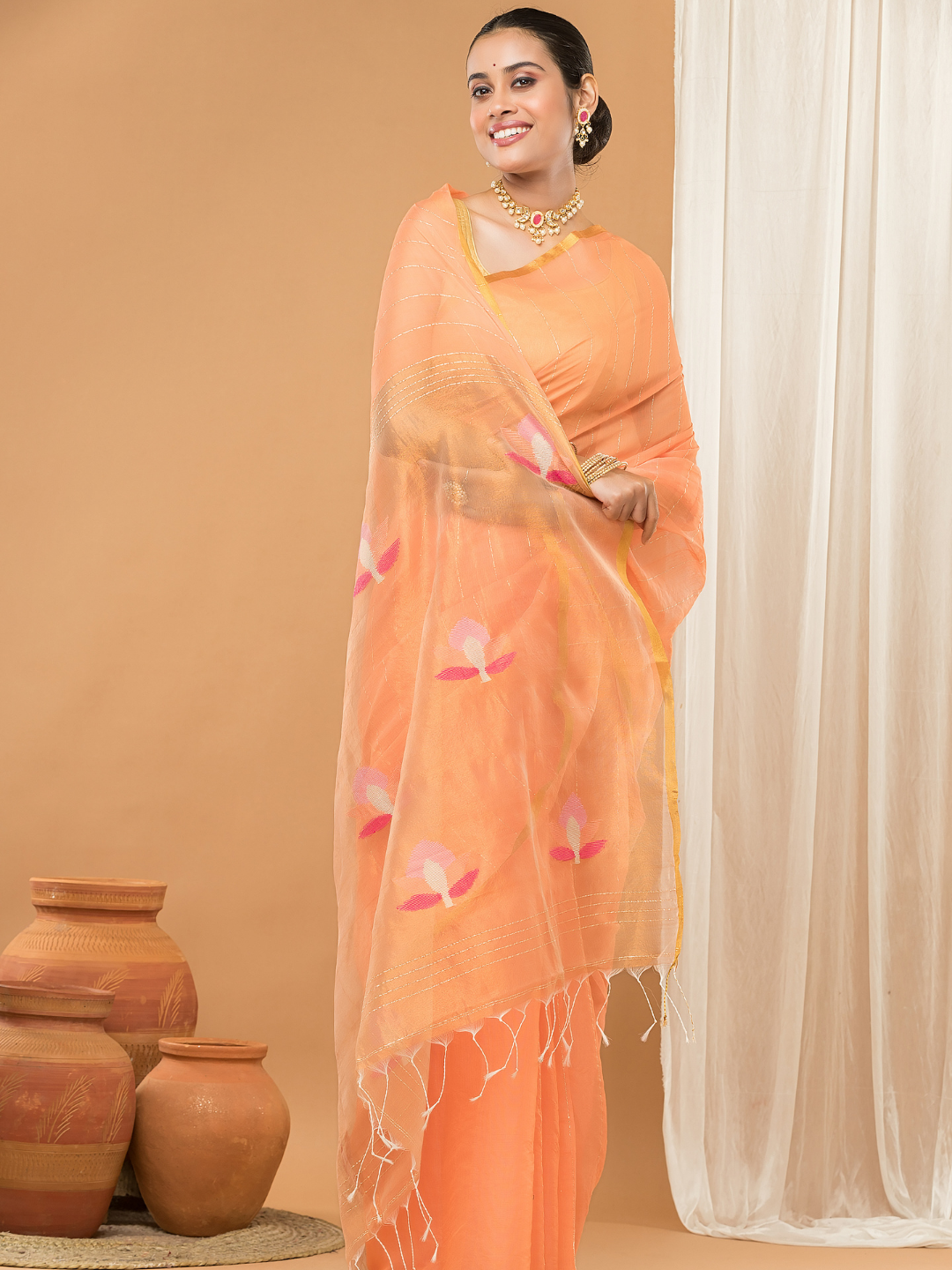 Tissue Muslin Jamdani Saree With Peach Orange And Golden Charm -011