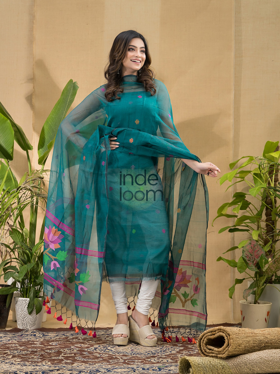 Teal Green Jamdani 2-Piece Set Kurti & Dupatta (UNSTITCHED) -714