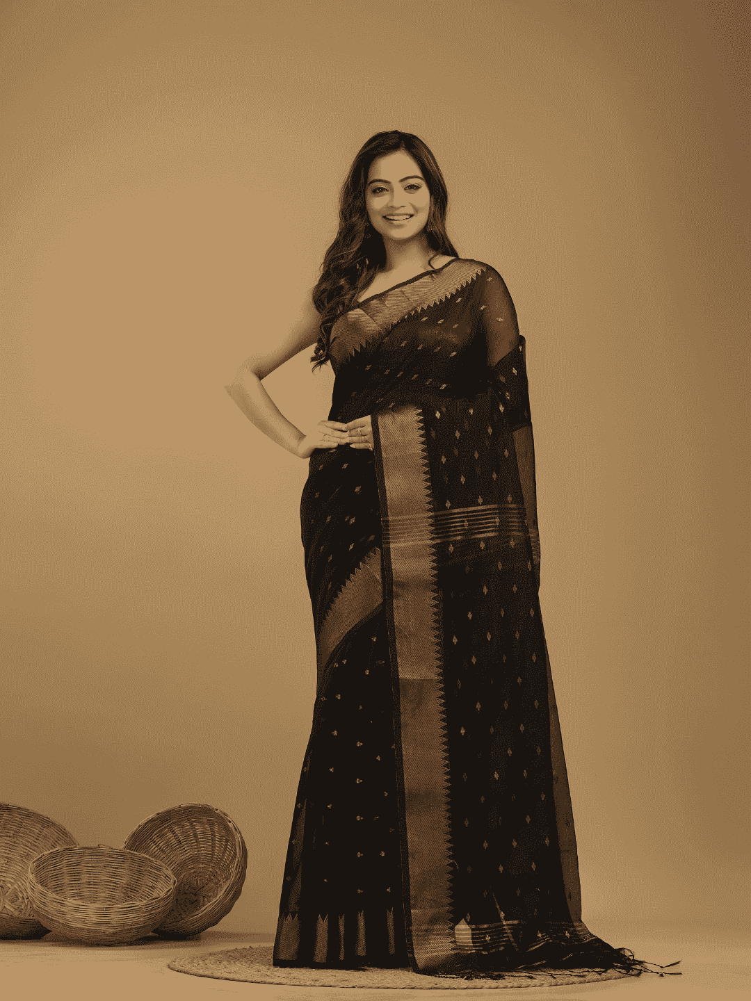 Coal Black Cotton Silk 1000 Butti Jamdani Saree - 034 - indeloom