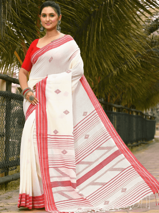 Lace White -Handloom Cotton Saree-077 - indeloom
