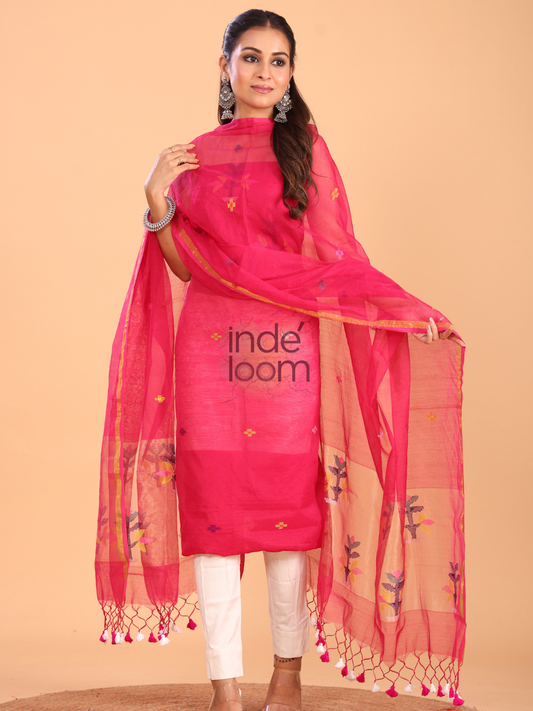 Deep Pink Muslin Jamdani 2-Piece Set Kurti & Dupatta (UNSTITCHED) - 089