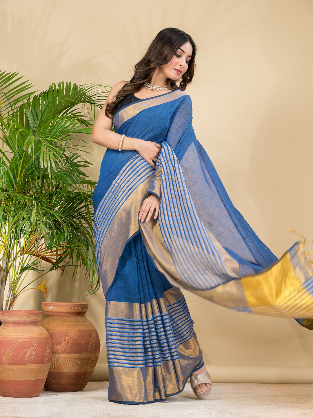 Cotton Linen Handloom Saree With Royal Blue - 015