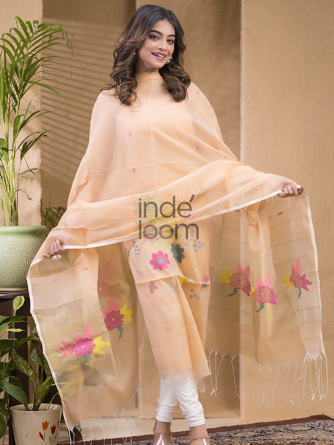 Melon Orange  Jamdani 2-Piece Set Kurti & Dupatta (UNSTITCHED) -668