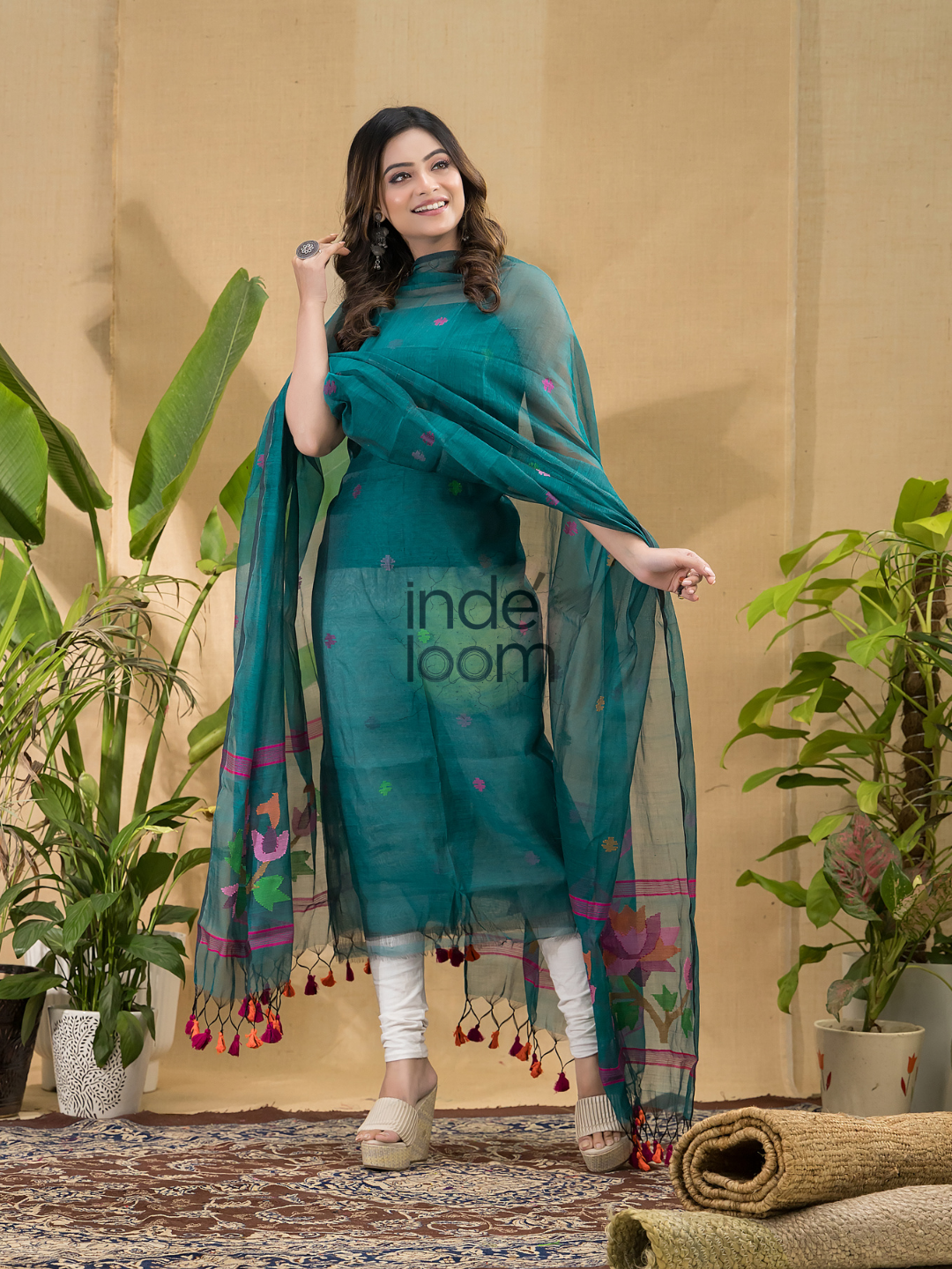 Teal Green Jamdani 2-Piece Set Kurti & Dupatta (UNSTITCHED) -714