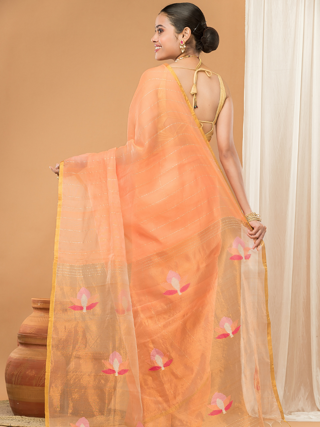 Tissue Muslin Jamdani Saree With Peach Orange And Golden Charm -011