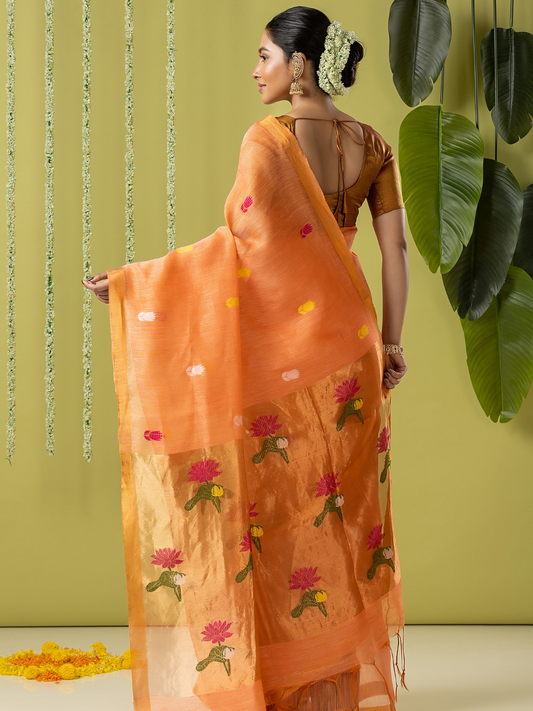 Handwoven Jamdani Silk Tissue Linen Saree | Peach Orange