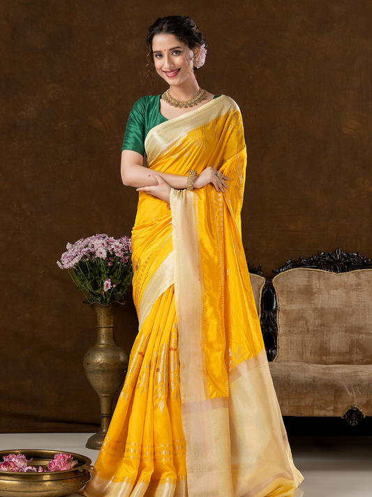 Classic Benarasi Semi Silk Saree | Bright Yellow