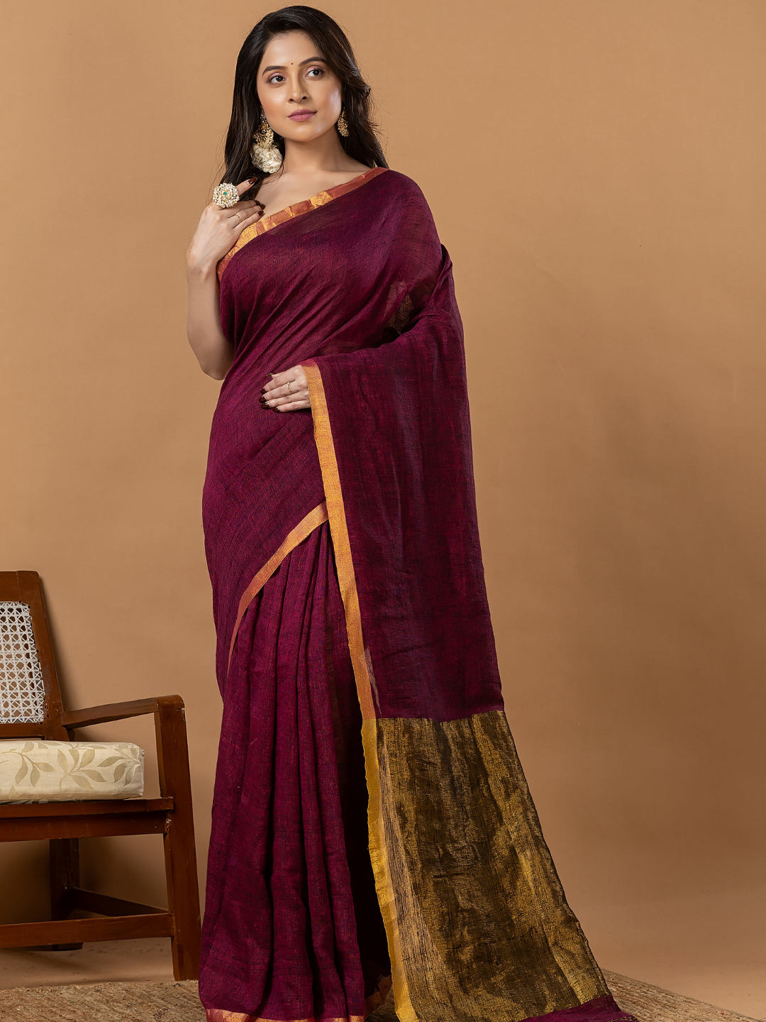 Pure Handloom Silk Tissue Linen Saree | Deep Wine