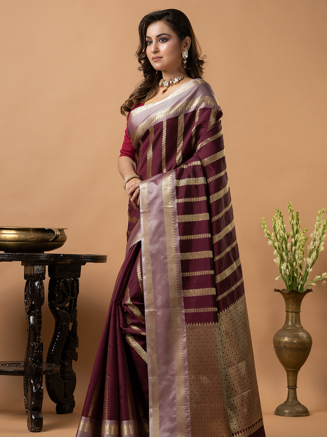 Classic Benarasi Katan Semi Silk Saree | Deep Brown Purple